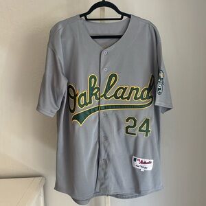 Oakland A’s #24 Rickey Henderson Gray Button Up Baseball Jersey,. Large